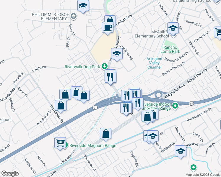 map of restaurants, bars, coffee shops, grocery stores, and more near 3950 Pierce Street in Riverside