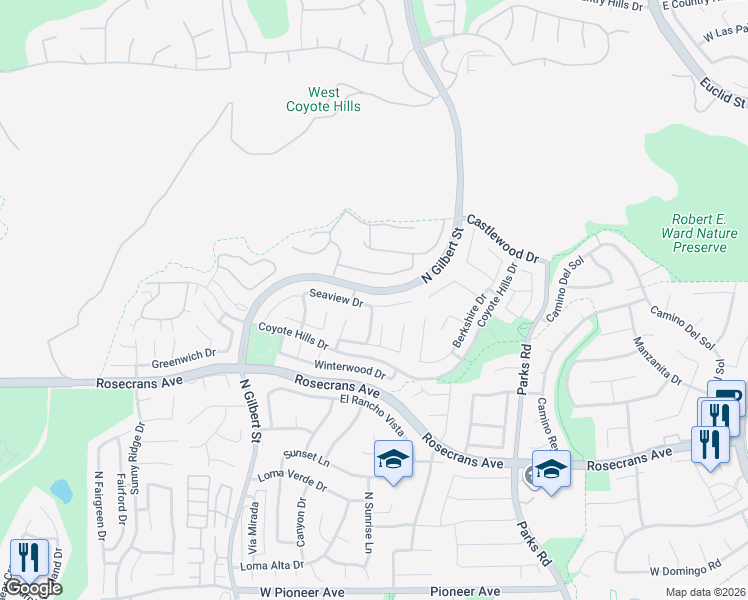map of restaurants, bars, coffee shops, grocery stores, and more near 2059 Seaview Drive in Fullerton