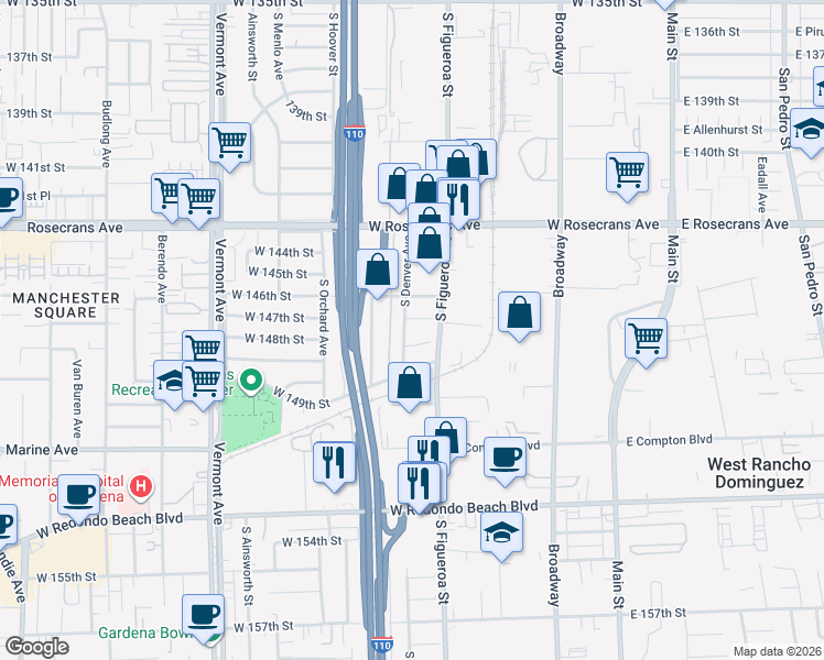map of restaurants, bars, coffee shops, grocery stores, and more near 14708 South Denver Avenue in Gardena
