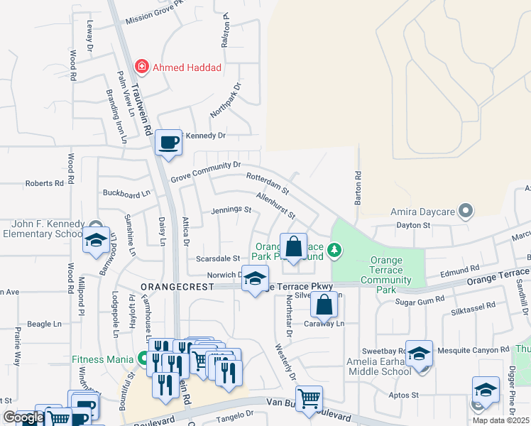 map of restaurants, bars, coffee shops, grocery stores, and more near 19596 Jennings Street in Riverside