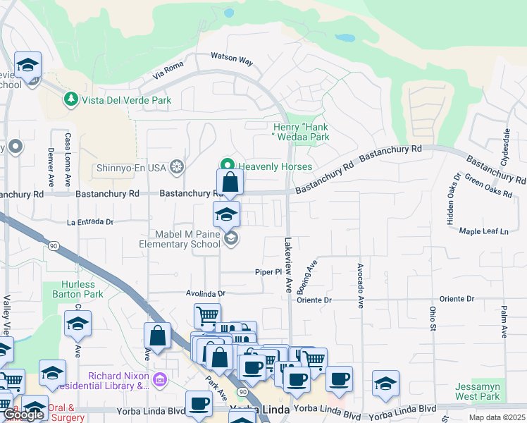 map of restaurants, bars, coffee shops, grocery stores, and more near 18361 Iris Lane in Yorba Linda