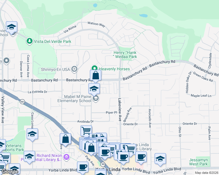 map of restaurants, bars, coffee shops, grocery stores, and more near 4312 Canyon Coral Lane in Yorba Linda
