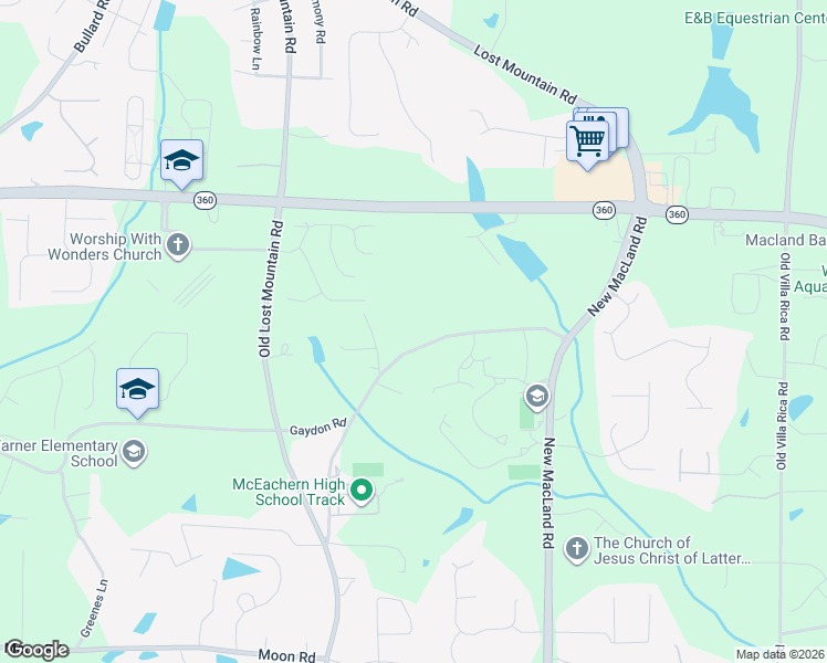 map of restaurants, bars, coffee shops, grocery stores, and more near 4366 Gaydon Road in Powder Springs