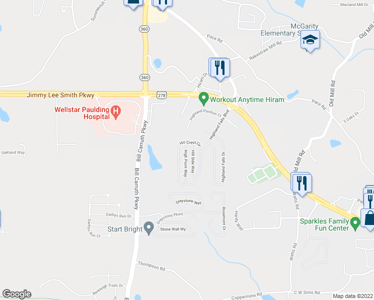 map of restaurants, bars, coffee shops, grocery stores, and more near 39 High Point Way in Hiram