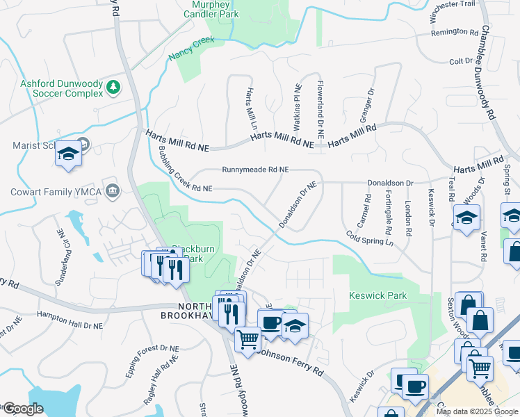 map of restaurants, bars, coffee shops, grocery stores, and more near 1587 Bubbling Creek Road Northeast in Atlanta
