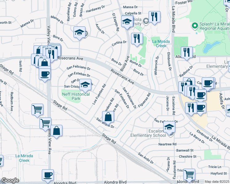 map of restaurants, bars, coffee shops, grocery stores, and more near 14620 San Esteban Drive in La Mirada