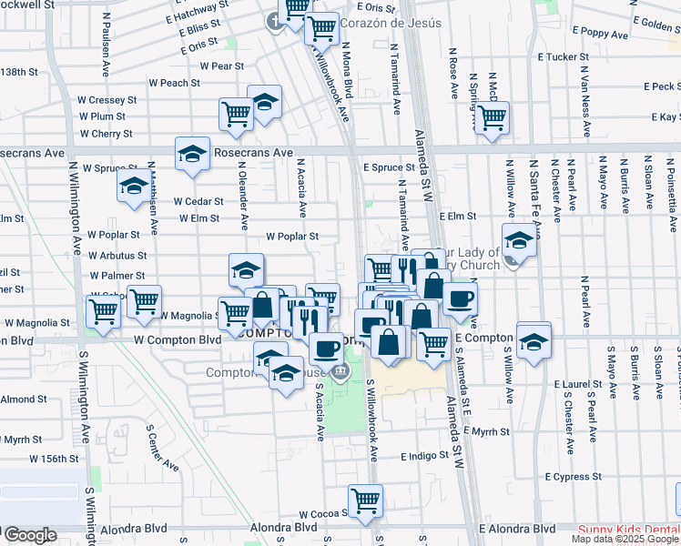 map of restaurants, bars, coffee shops, grocery stores, and more near 400 North Culver Avenue in Compton