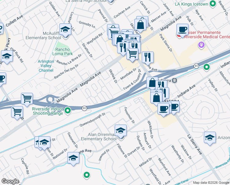 map of restaurants, bars, coffee shops, grocery stores, and more near 11341 Town & Country Drive in Riverside