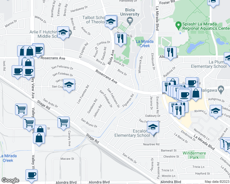 map of restaurants, bars, coffee shops, grocery stores, and more near 14534 Jalisco Road in La Mirada
