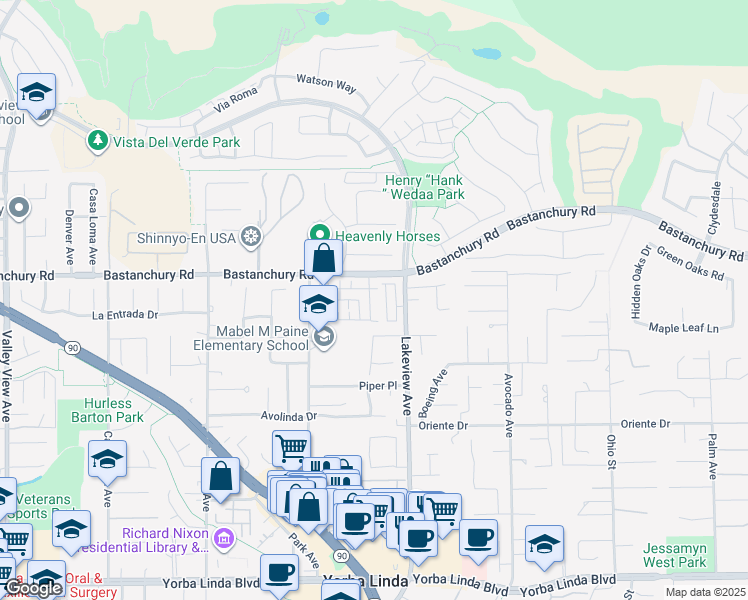 map of restaurants, bars, coffee shops, grocery stores, and more near 18373 Iris Lane in Yorba Linda