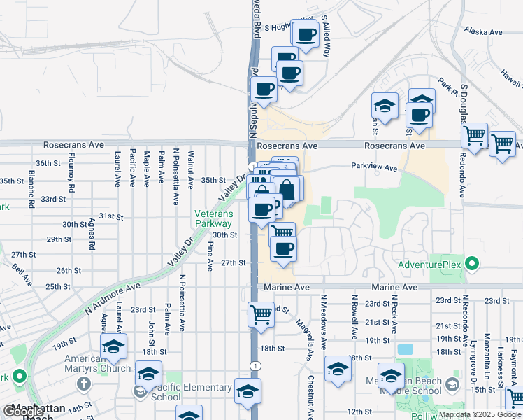 map of restaurants, bars, coffee shops, grocery stores, and more near 3110 North Sepulveda Boulevard in Manhattan Beach