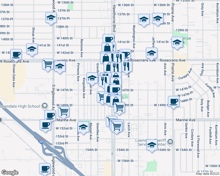 map of restaurants, bars, coffee shops, grocery stores, and more near 14623 Hawthorne Boulevard in Lawndale