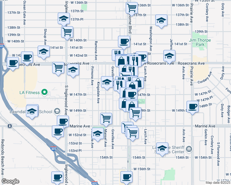map of restaurants, bars, coffee shops, grocery stores, and more near 14615 Burin Avenue in Lawndale