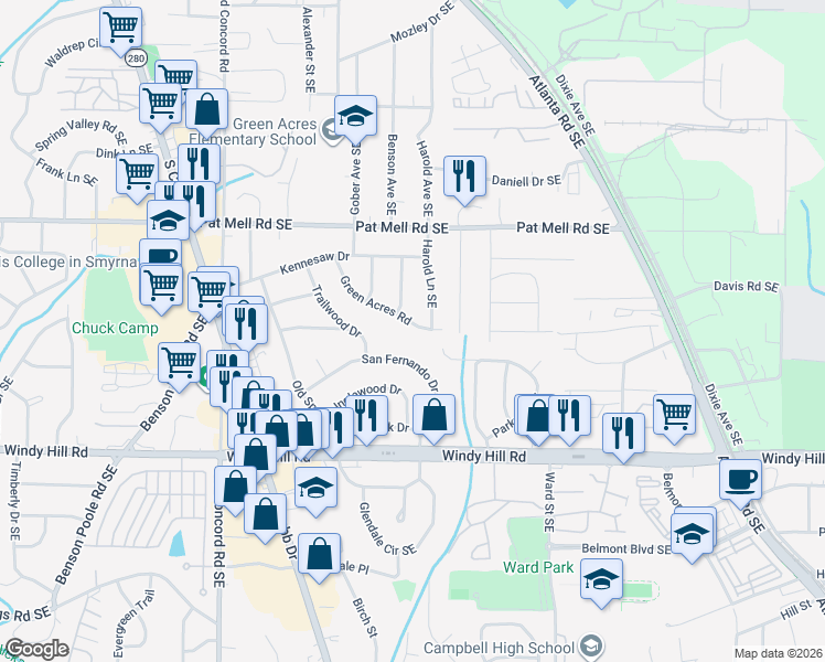 map of restaurants, bars, coffee shops, grocery stores, and more near 706 Green Acres Road in Smyrna