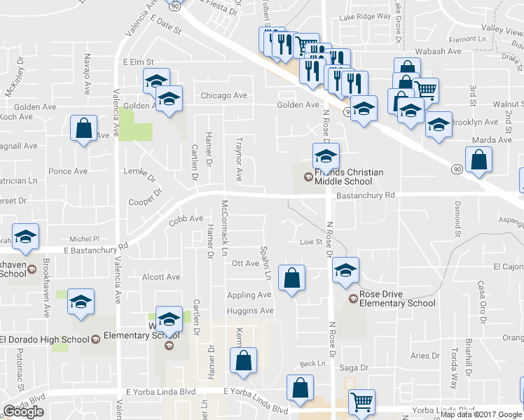 map of restaurants, bars, coffee shops, grocery stores, and more near 1001 Cobb Avenue in Placentia