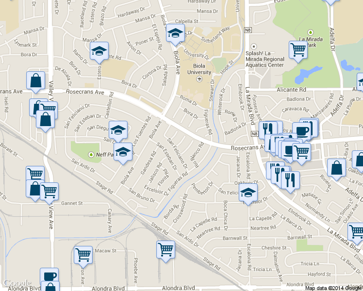 map of restaurants, bars, coffee shops, grocery stores, and more near 14534 Jalisco Road in La Mirada