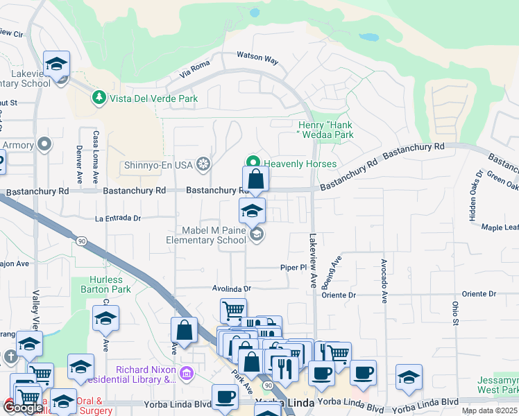 map of restaurants, bars, coffee shops, grocery stores, and more near Poppy Lane in Yorba Linda