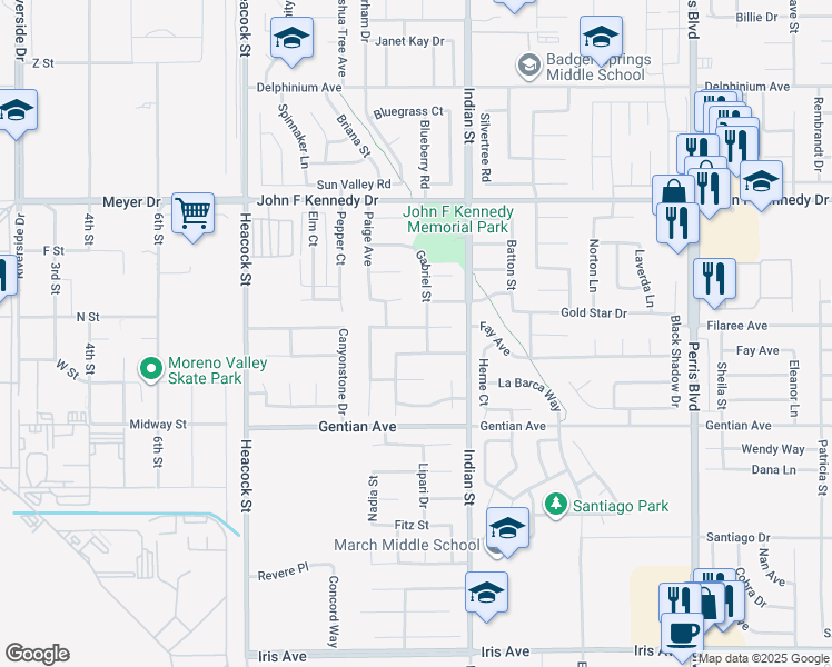 map of restaurants, bars, coffee shops, grocery stores, and more near 24389 Stacey Avenue in Moreno Valley