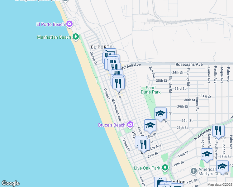map of restaurants, bars, coffee shops, grocery stores, and more near 3309 Bayview Drive in Manhattan Beach