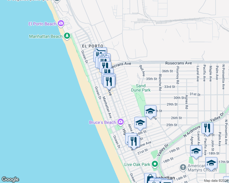 map of restaurants, bars, coffee shops, grocery stores, and more near 320 33rd Street in Manhattan Beach