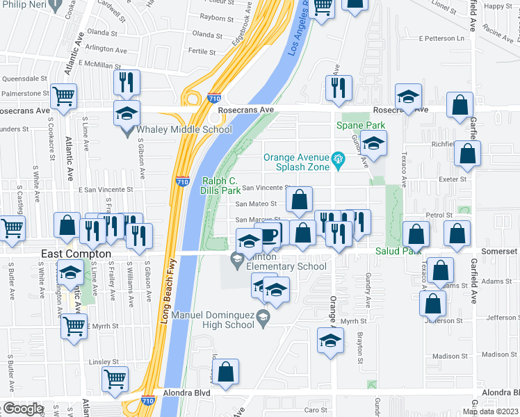 map of restaurants, bars, coffee shops, grocery stores, and more near 14807 San Jose Avenue in Paramount