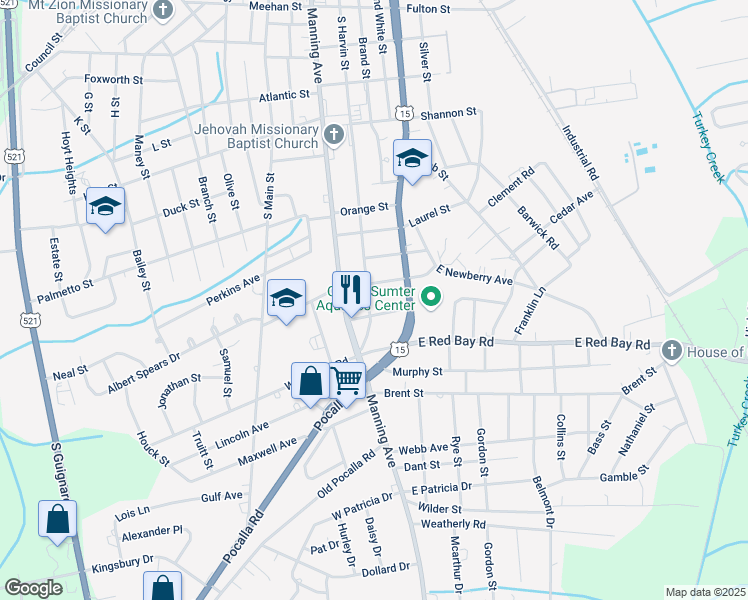 map of restaurants, bars, coffee shops, grocery stores, and more near 937 South Harvin Street in Sumter