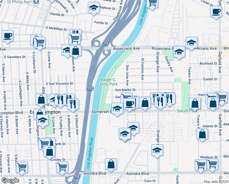 map of restaurants, bars, coffee shops, grocery stores, and more near 6508 San Mateo Street in Paramount
