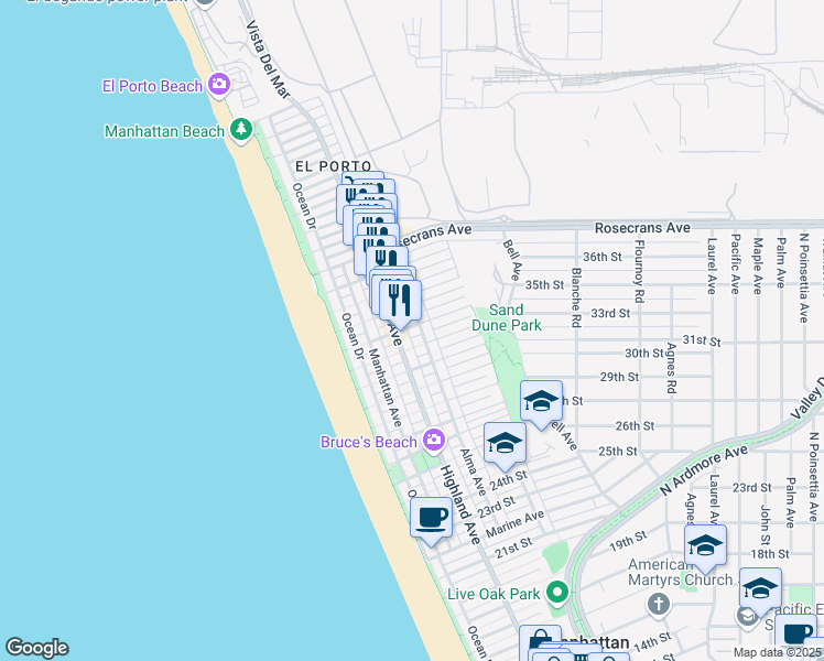 map of restaurants, bars, coffee shops, grocery stores, and more near 320 33rd Street in Manhattan Beach
