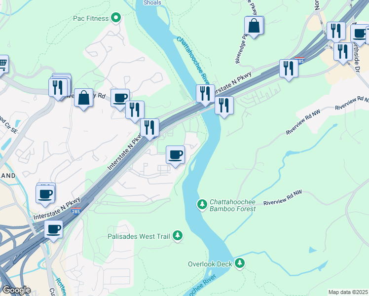 map of restaurants, bars, coffee shops, grocery stores, and more near 1028 Riverbend Club Drive Southeast in Atlanta