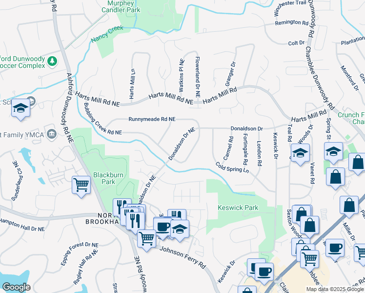 map of restaurants, bars, coffee shops, grocery stores, and more near 3679 Donaldson Drive Northeast in Atlanta
