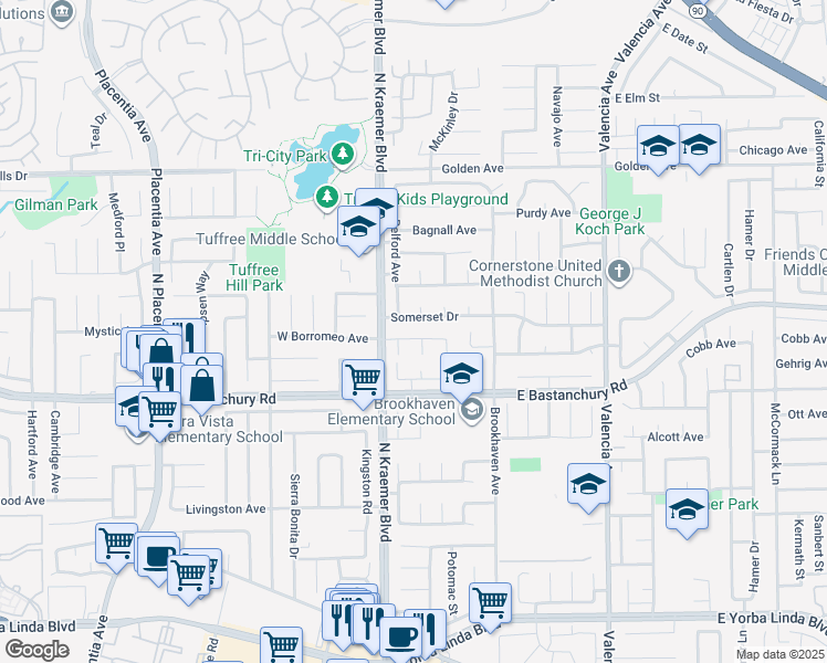 map of restaurants, bars, coffee shops, grocery stores, and more near 225 East Borromeo Avenue in Placentia