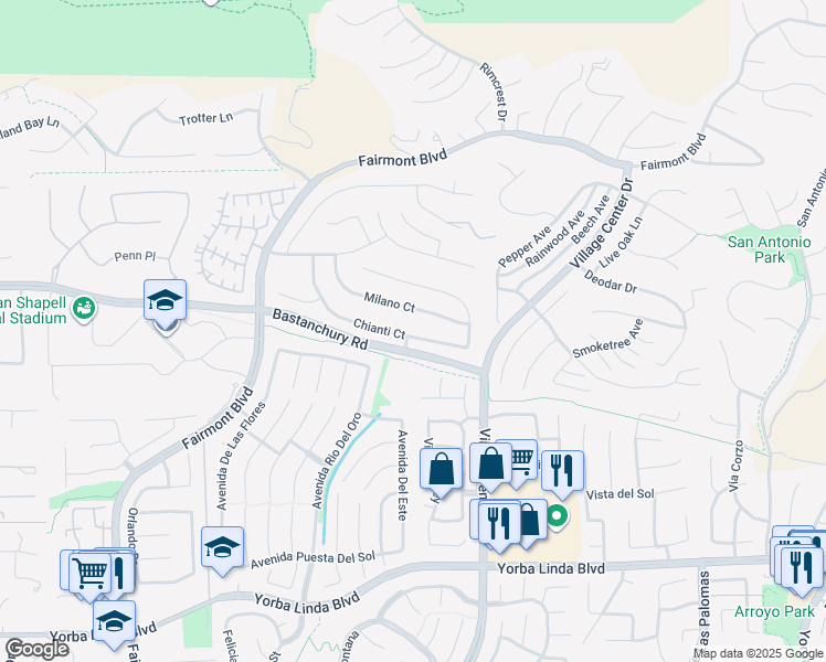 map of restaurants, bars, coffee shops, grocery stores, and more near 20335 Chianti Court in Yorba Linda