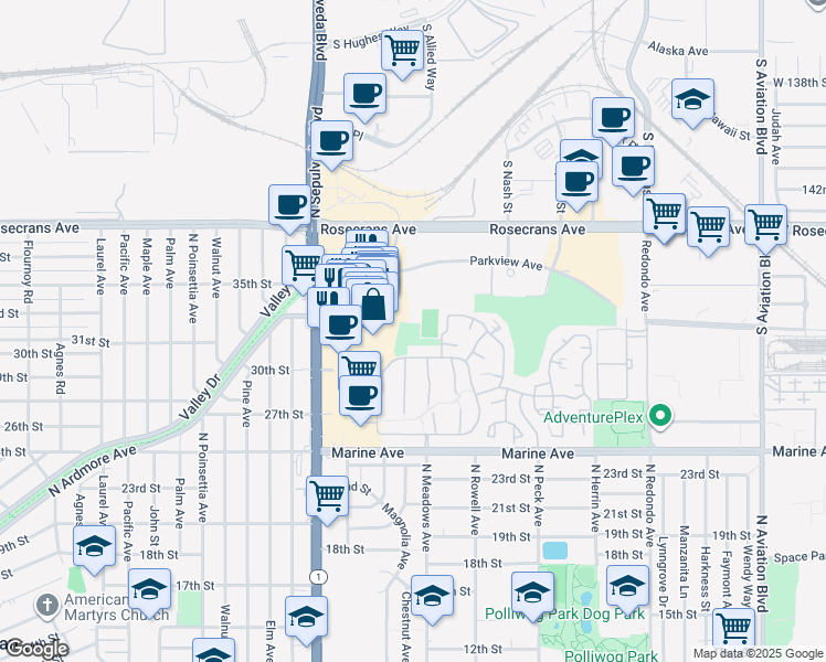 map of restaurants, bars, coffee shops, grocery stores, and more near 1300 Parkview Avenue in Manhattan Beach