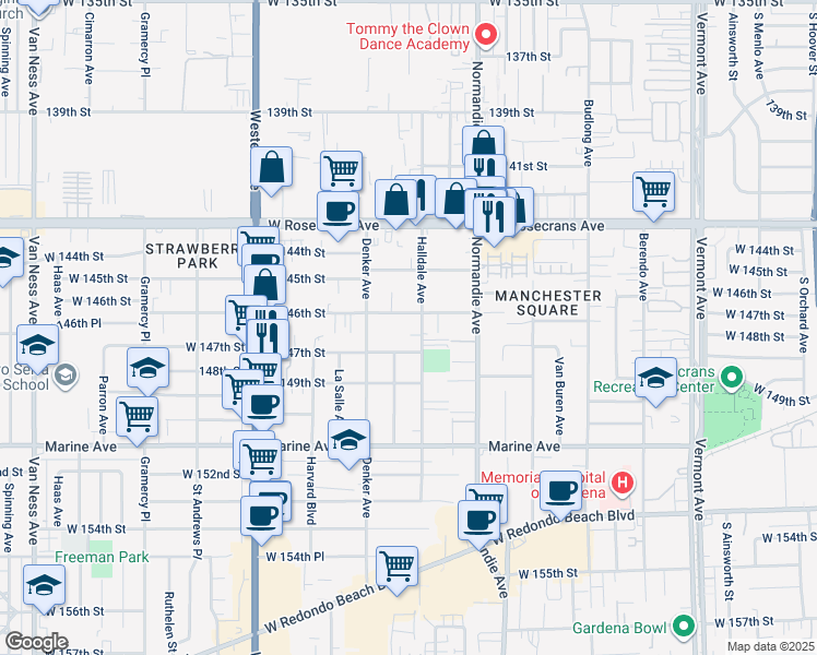 map of restaurants, bars, coffee shops, grocery stores, and more near 1510 West 146th Street in Gardena