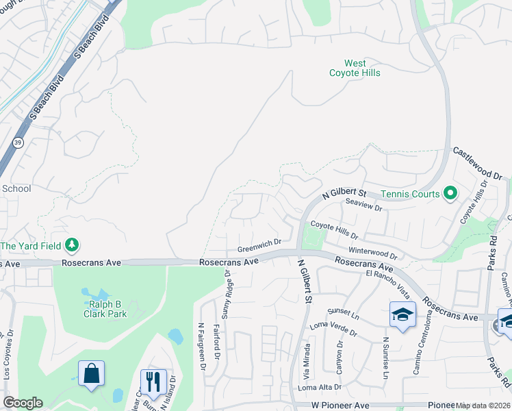 map of restaurants, bars, coffee shops, grocery stores, and more near 2303 Coventry Circle in Fullerton