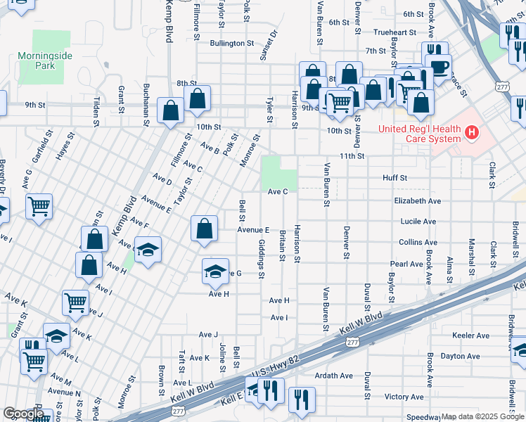 map of restaurants, bars, coffee shops, grocery stores, and more near 1713 Giddings Street in Wichita Falls