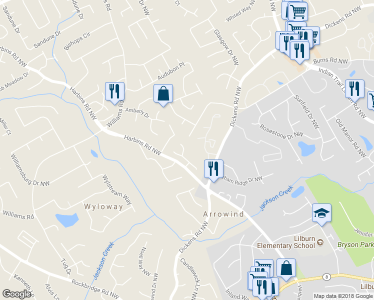 map of restaurants, bars, coffee shops, grocery stores, and more near 5292 Windfield Glen Court Northwest in Lilburn