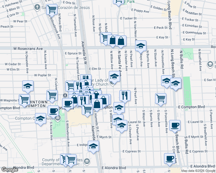 map of restaurants, bars, coffee shops, grocery stores, and more near 501 East Palmer Street in Compton