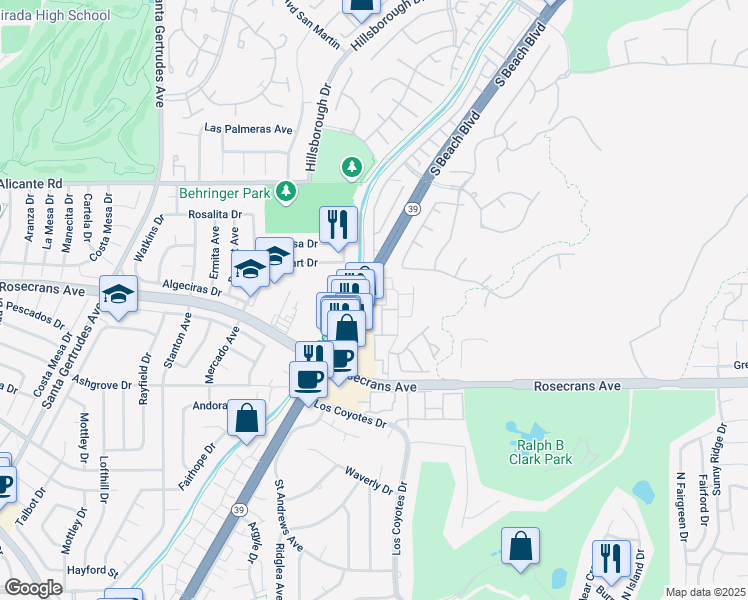 map of restaurants, bars, coffee shops, grocery stores, and more near 14730 Beach Boulevard in La Mirada