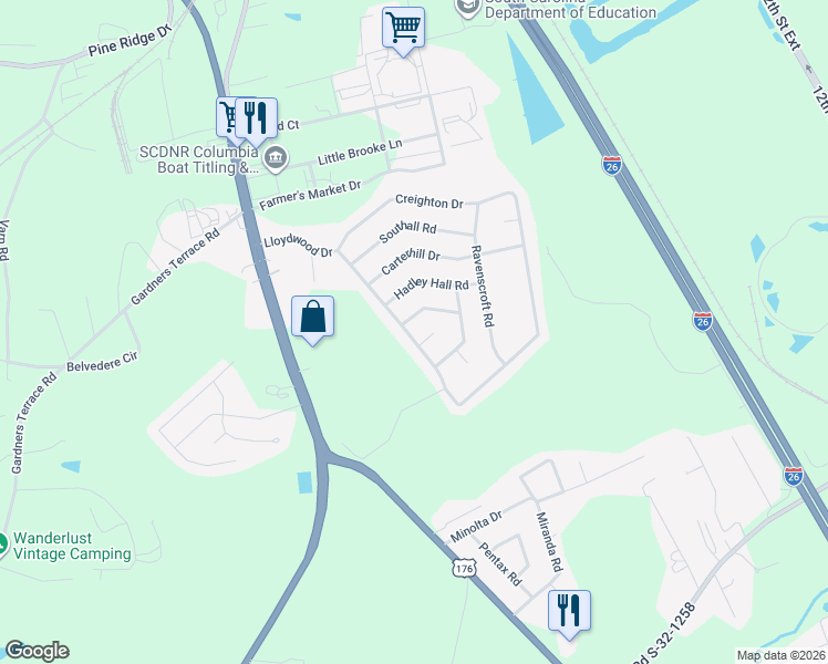 map of restaurants, bars, coffee shops, grocery stores, and more near 231 Lloydwood Drive in West Columbia