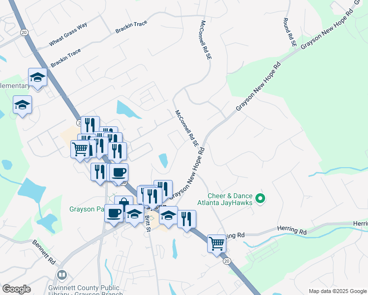 map of restaurants, bars, coffee shops, grocery stores, and more near 44 Green Love Lane in Grayson