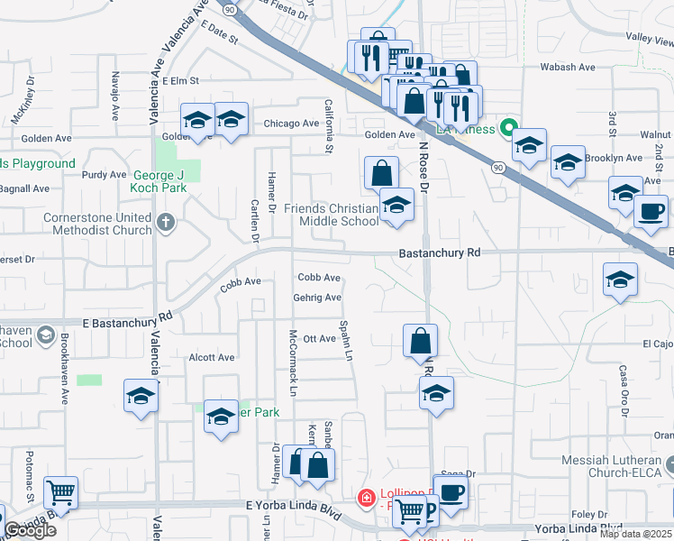 map of restaurants, bars, coffee shops, grocery stores, and more near 949 Cobb Avenue in Placentia