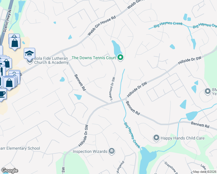 map of restaurants, bars, coffee shops, grocery stores, and more near 1543 Lakemont Drive Southwest in Grayson