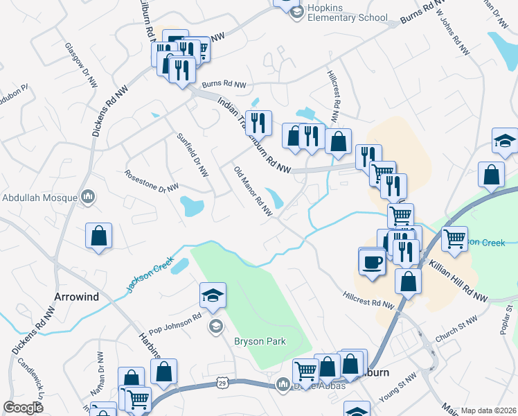 map of restaurants, bars, coffee shops, grocery stores, and more near 644 Old Manor Road Northwest in Lilburn
