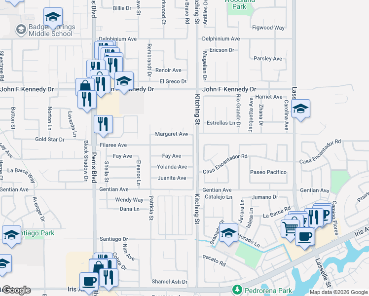 map of restaurants, bars, coffee shops, grocery stores, and more near 25461 Filaree Avenue in Moreno Valley
