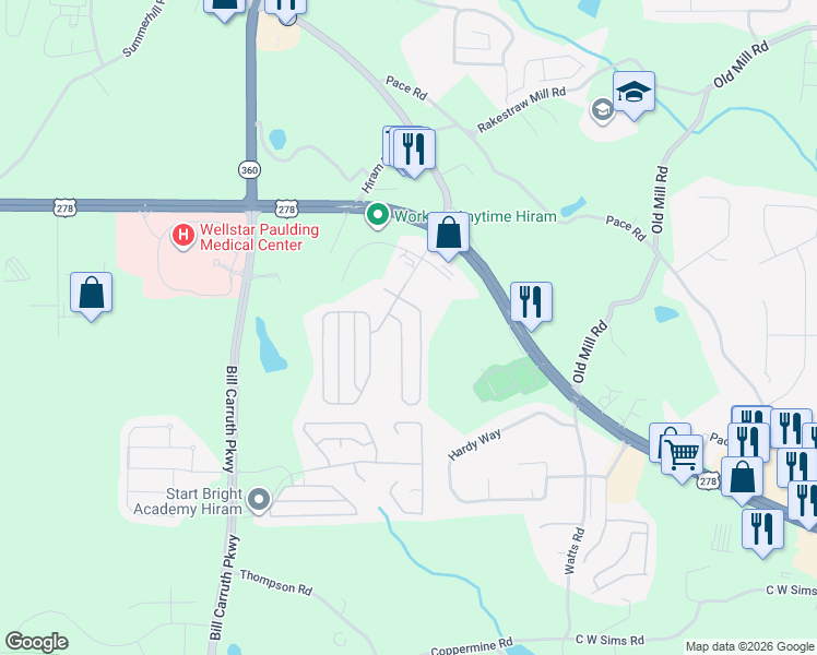 map of restaurants, bars, coffee shops, grocery stores, and more near 498 Highland Falls Drive in Hiram