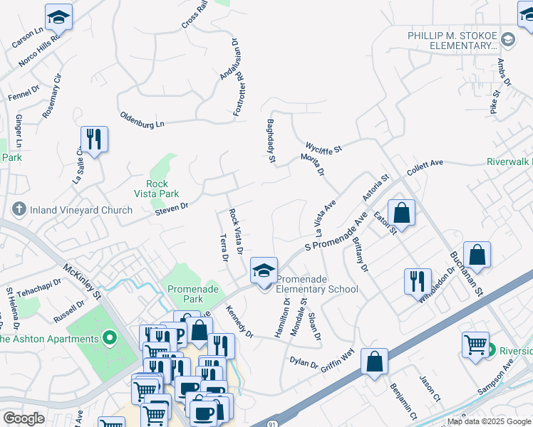 map of restaurants, bars, coffee shops, grocery stores, and more near 728 La Cumbre Street in Corona
