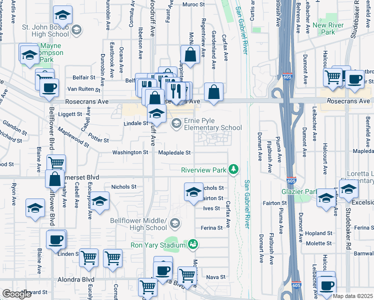 map of restaurants, bars, coffee shops, grocery stores, and more near 10345 Mapledale Street in Bellflower