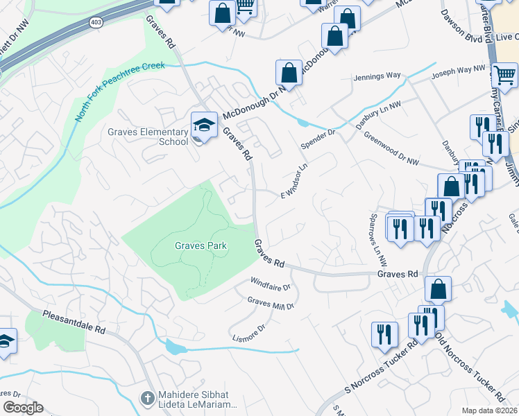 map of restaurants, bars, coffee shops, grocery stores, and more near 6708 Buckingham Court in Norcross