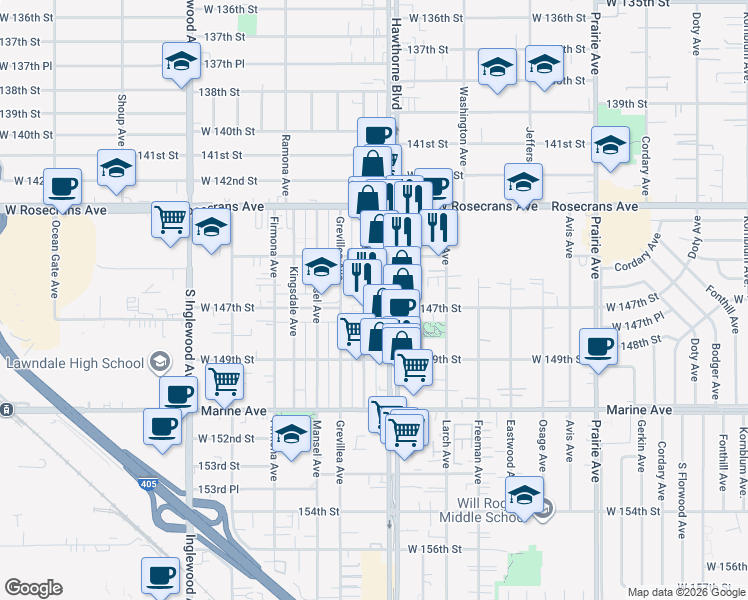 map of restaurants, bars, coffee shops, grocery stores, and more near 4407 West 147th Street in Lawndale
